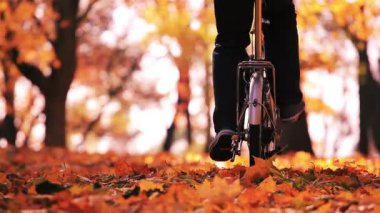  Sarı yaprakları ile güzel sonbahar Park'taki bisiklet gezisi. Adam şekil