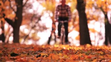  Sarı yaprakları ile güzel sonbahar Park'taki bisiklet gezisi. Adam şekil