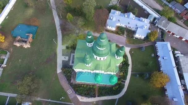 Aerial Christian Church Dome Monastery City Rear Flight — Stock Video