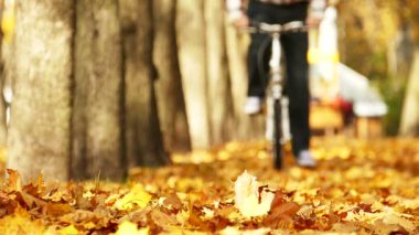 Ağır çekim. Bisiklet sarı yaprakları ile güzel sonbahar Park