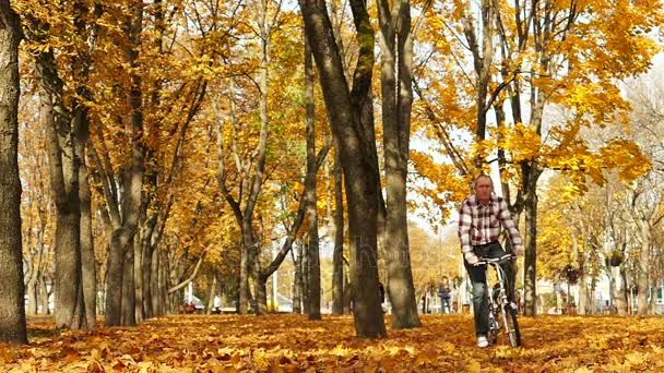 Movimento Lento Homem Adulto Andar Bicicleta Parque Outono Com Folhas — Vídeo de Stock