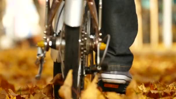 スローモーション 秋の市の公園で自転車の時間 ぼやけた視点 — ストック動画