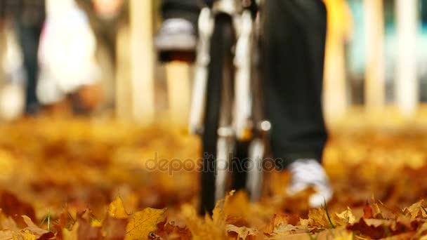 Slow Motion Bicycle Time Autumn City Park Blurred Perspective — Stock Video