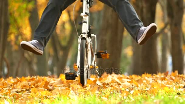 秋の公園で自転車に上げ足を幸せな男 — ストック動画