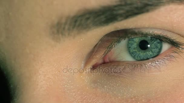 Ojo Azul Femenino Natural Con Pupila Mirando Cámara Macro — Vídeos de Stock