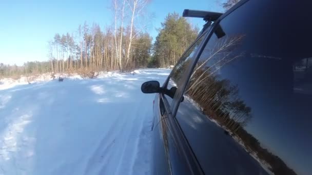 Αυτοκίνητο Ταξίδι Χειμώνα Στο Δάσος Πάρκο Αντανάκλαση Των Δέντρων Στο — Αρχείο Βίντεο