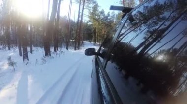 4k. Kış araba hareket güneşli ormandaki ağaçlar penceresinde yansımasıdır. POV klip
