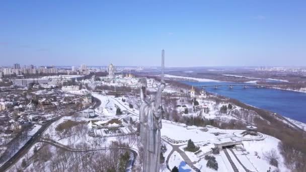 Kyiv City Capital Ukraine Mother Motherland Soviet Time Monument Aerial — Stock Video