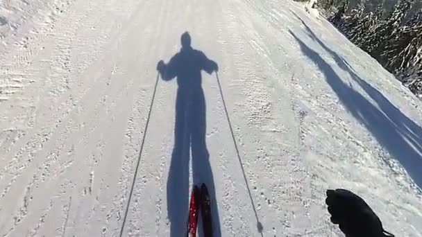 Skilaufen Schatten Des Skifahrers Und Der Hände Pov Zeitlupenclip — Stockvideo