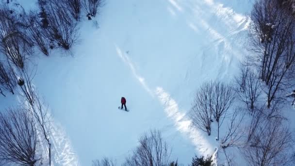 Εναέρια Υπόλοιπο Χειμώνα Οδήγηση Στο Snowboard Top View — Αρχείο Βίντεο