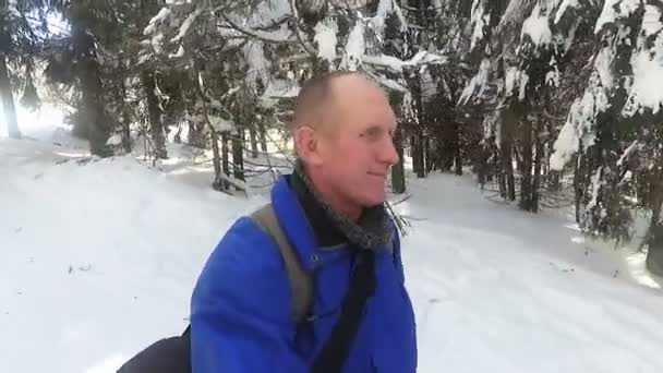 Volwassen Man Toeristische Gaan Winter Forest — Stockvideo