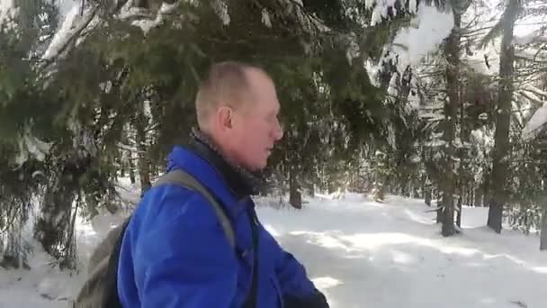 成人男性の観光客は冬の森に行きます 側面図 — ストック動画