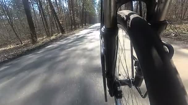 Τροχό Του Ποδηλάτου Ελαστικό Πηγαίνει Ασφαλτοστρωμένο Δρόμο Άνοιξη Αργή Κίνηση — Αρχείο Βίντεο
