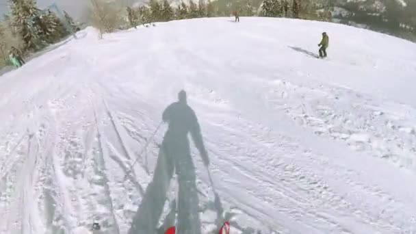 Berg Skidåkning Soliga Dag Skidåkare Skidor Pov Klipp — Stockvideo