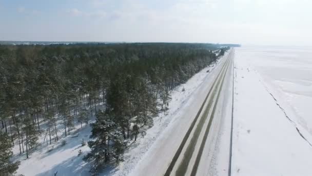 Aerial Winter Frozen Sea Lake Costline Road Car Wood — Stock Video