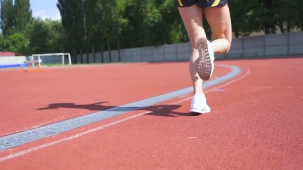 Stadyumda Koşan Narin Genç Bir Kız Atlet Yavaş Çekim Sabit — Stok video