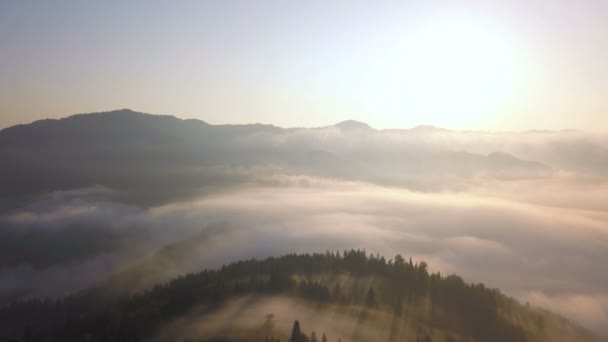 Amazing Aerial Mountain Landscape Fly Sunrise Clouds Peak Hill Wood — Stock Video