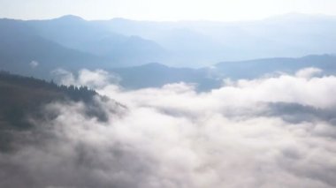 4k Havacılık manzarası. Dağlık bölgede bulutların üzerinden uçar, tepelerde odun, güneş ışığı