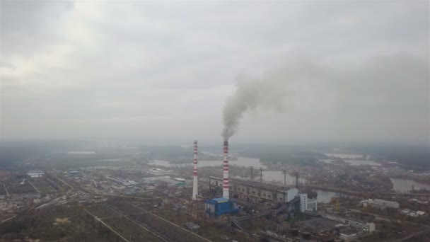 Aerial Industrial Area Pipes Smoke Gloomy Day — Stock Video