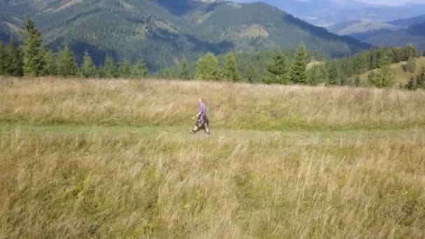 Aerial Muž Turista Jít Hřeben Horské Oblasti — Stock video