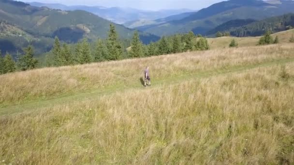 Anteny Człowiek Turysta Przejść Grzbiecie Obszarze Górskim Widok Boku — Wideo stockowe