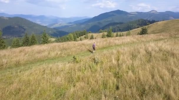 Luchtfoto Man Toerist Run Heuvelrug Berggebied Buiten — Stockvideo