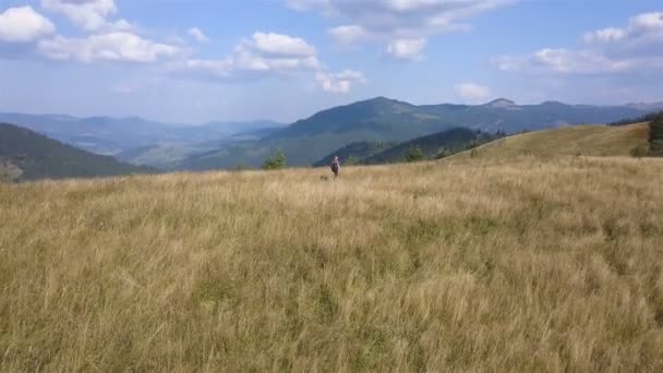 Aerial Travel Team Man Backpacker Ridge Autumn Mountain Hill Low — Stock Video