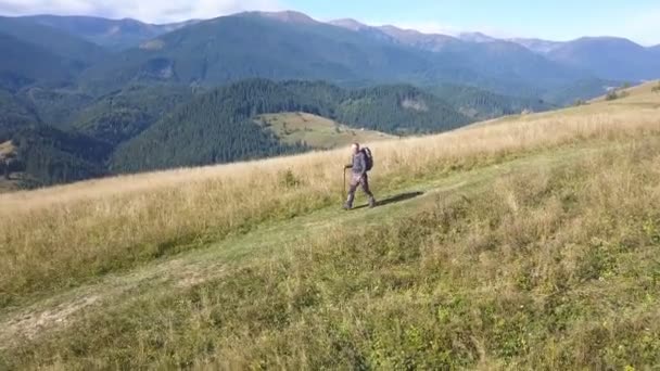 Antena Człowiek Turysta Backpacker Kijami Iść Grzbiecie Jesienią Górskie Wzgórze — Wideo stockowe