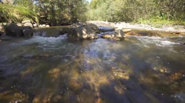 4 bin. Dağ deresi, ormandaki nehir, resimli taşlar. Güneşli bir gün. Manzara.