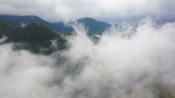 Krajobraz Lotniczy Prawdziwa Mucha Chmurach Górskich Ponury Dzień Wzgórza Drewnem — Wideo stockowe