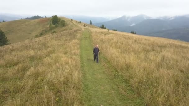 4K空中 棒を持つ男の観光客は秋の山の丘の尾根に行く 正面図 — ストック動画