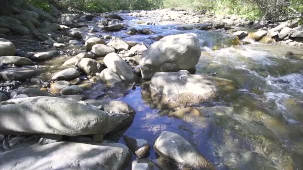 Bergrivier Stroom Water Stenen Slow Motion Landschap Slider Schot — Stockvideo