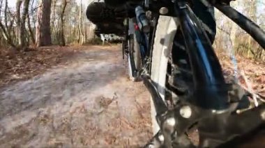 4K. Man  goes by bicycle on autumn park with yellow leaves. Point of view camera