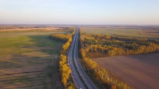 Aerial 在农村地区驾驶汽车飞越公路 — 图库视频影像