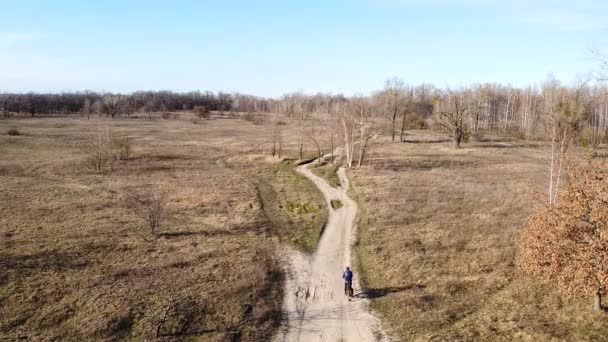 Aerial Cyklista Pomalu Kráčí Prašné Cestě Mezi Poli Zadní Pohled — Stock video