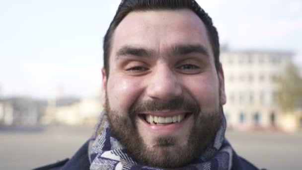Bearded Caucasian Man Stand Street Smile Portrait Close — Stock Video