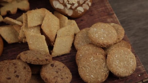 Conjunto Diferentes Cookies Caseiros Cookie Close Antecedentes Deliciosos Doces Bolachas — Vídeo de Stock
