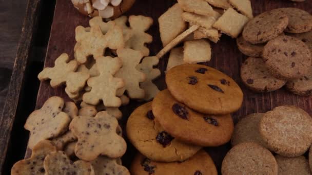 Conjunto Diferentes Cookies Caseiros Cookie Close Antecedentes Deliciosos Doces Bolachas — Vídeo de Stock