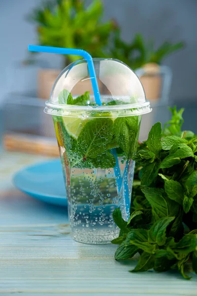 Mojito ve Lemonade yaz aylarında plastik bardakta pipetle soğuk bir şeyler içerler. Naneli, limonlu, limonlu, buzlu. Barda servis yap..