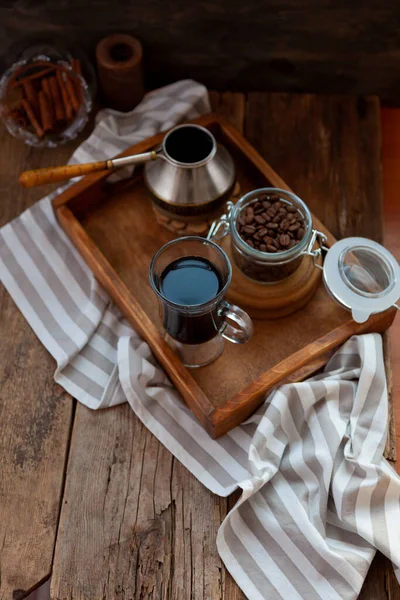 Cup Coffee Wooden Tray Turk Coffee Beans Cook Breakfast Home — Stock Photo, Image