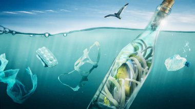 Balık bir şişede denizin yayılıyor.