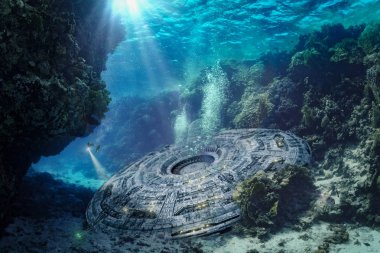 Bilinmeyen nesne dalgıçlar tarafından su altında incelenir - 3d-Illustratio