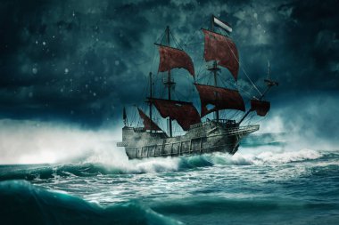 Bir hayalet gemi fırtınalı gece-3d-Illustration 'dan geçiyor.