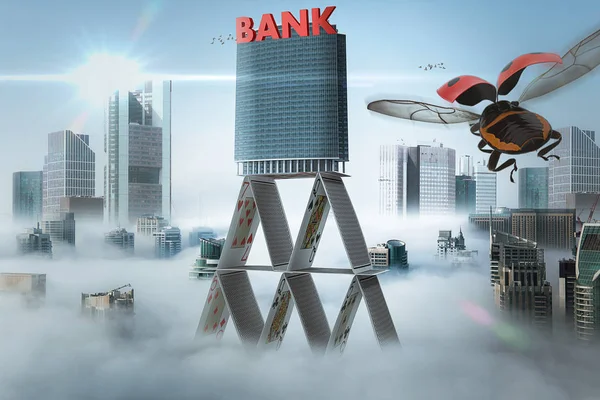 Banco está construido en una casa de la tarjeta - Ilustración 3D —  Fotos de Stock