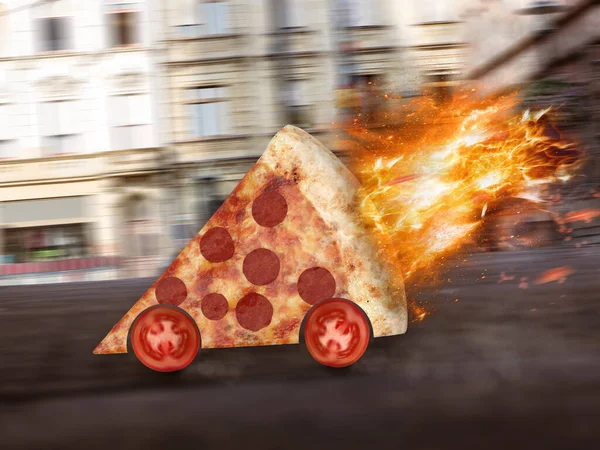 Pizza Con Ruote Pomodoro Viene Consegnato Rapidamente Caldo Illustrazione — Foto Stock