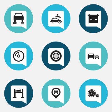 9 düzenlenebilir araba simgeler kümesi. Akümülatör, yarış, işaretçi ve daha fazlası gibi simgeler içerir. Web, mobil, UI ve Infographic tasarımı için kullanılabilir.