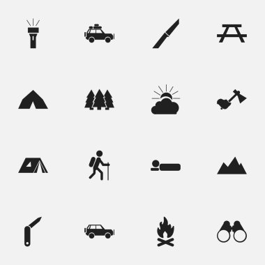 16 düzenlenebilir kamp simgeler kümesi. Sustalı bıçak, en yüksek, Resepsiyon ve daha fazlası gibi simgeler içerir. Web, mobil, UI ve Infographic tasarımı için kullanılabilir.