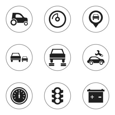 9 düzenlenebilir araç simgeler kümesi. Akü, oto tamir, işaretçi ve daha fazlası gibi simgeler içerir. Web, mobil, UI ve Infographic tasarımı için kullanılabilir.