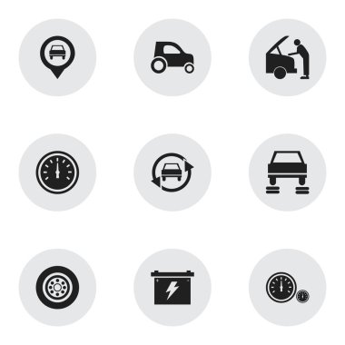 9 düzenlenebilir taşıma simgeler kümesi. Tuning Oto, araba tamir, lastik ve daha fazlası gibi simgeler içerir. Web, mobil, UI ve Infographic tasarımı için kullanılabilir.