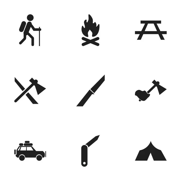 Set de 9 iconos de viaje editables. Incluye símbolos como el corchete-cuchillo, la marcha, Tomahawk y más. Puede ser utilizado para el diseño de la tela, móvil, interfaz de usuario e infografía . — Archivo Imágenes Vectoriales